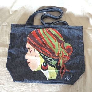 Beautiful Unique Handpainted Portrait Design Woman Face Tote Bag Denim
